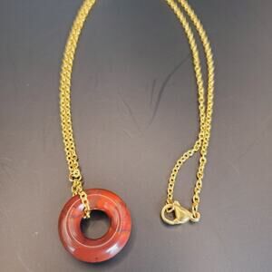Red Jasper Round Donut Pendant 14K Gold Filled Chain Handmade Necklace 18 inch